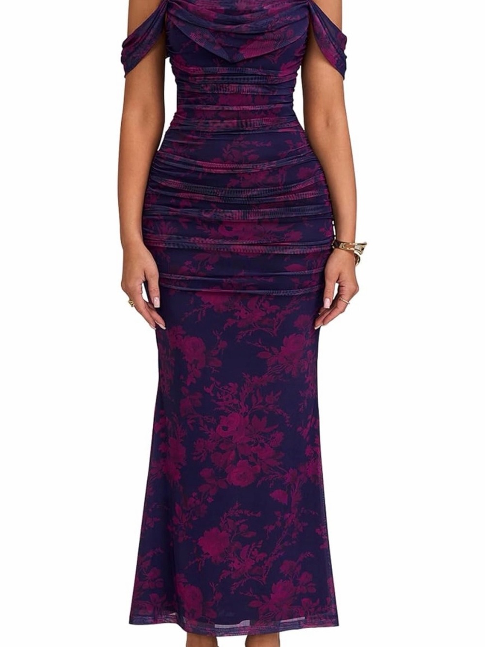 Off-Shoulder Floral Maxi Dress in Purple and Magenta